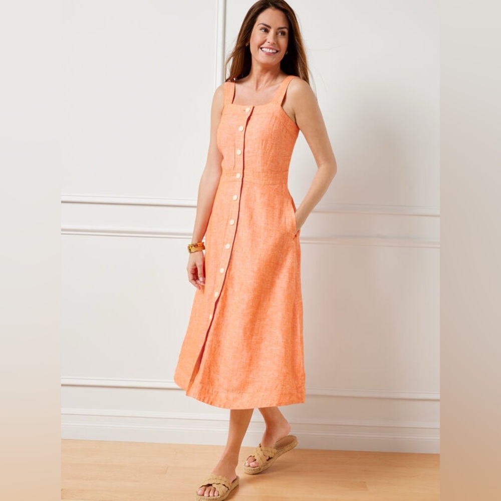Talbots Peach-Orange Sleeveless Button-Front Midi Dress